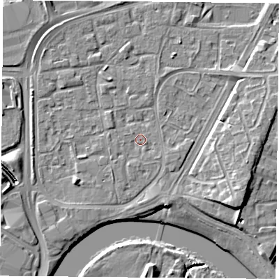 Shaded relief map of the ground around NG21PF, computed from Environment Agency LiDAR. The ground here sits at about 25 m above sea level and falls 10 m across the surrounding 800 m. Surface water reaching this point runs off ground lying to the south-south-east, 1.8 m higher.
