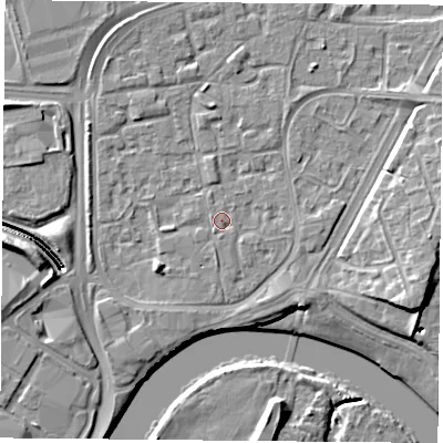 Shaded relief map of the ground around NG21PJ, computed from Environment Agency LiDAR. The ground here sits at about 25 m above sea level and falls 11 m across the surrounding 800 m. Surface water reaching this point runs off ground lying to the south-south-west, 0.6 m higher.