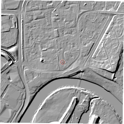 Shaded relief map of the ground around NG21PN, computed from Environment Agency LiDAR. The ground here sits at about 25 m above sea level and falls 10 m across the surrounding 800 m. Surface water reaching this point runs off ground lying to the east-south-east, 1.7 m higher.