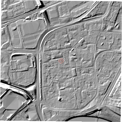 Shaded relief map of the ground around NG21PQ, computed from Environment Agency LiDAR. The ground here sits at about 25 m above sea level and falls 11 m across the surrounding 800 m. Surface water reaching this point runs off ground lying to the north-west, 1.1 m higher.
