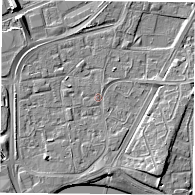 Shaded relief map of the ground around NG21PT, computed from Environment Agency LiDAR. The ground here sits at about 25 m above sea level and falls 11 m across the surrounding 800 m. Surface water reaching this point runs off ground lying to the north-north-east, 0.9 m higher.