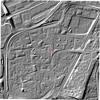 Shaded relief map of the ground around NG21PU, computed from Environment Agency LiDAR. The ground here sits at about 25 m above sea level and falls 10 m across the surrounding 800 m. Surface water reaching this point runs off ground lying to the south-south-east, 0.9 m higher.