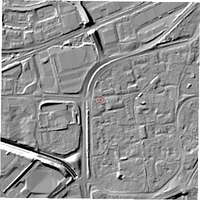 Shaded relief map of the ground around NG21PW, computed from Environment Agency LiDAR. The ground here sits at about 25 m above sea level and falls 11 m across the surrounding 800 m. Surface water reaching this point runs off ground lying to the east, 1.1 m higher.