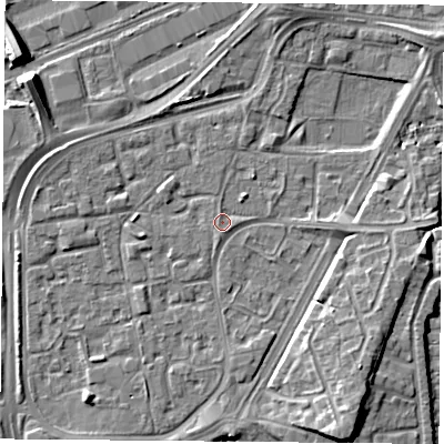 Shaded relief map of the ground around NG21PX, computed from Environment Agency LiDAR. The ground here sits at about 25 m above sea level and falls 8 m across the surrounding 800 m. Surface water reaching this point runs off ground lying to the north-east, 2.2 m higher.