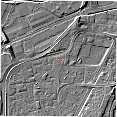 Shaded relief map of the ground around NG21PZ, computed from Environment Agency LiDAR. The ground here sits at about 25 m above sea level and falls 9 m across the surrounding 800 m. Surface water reaching this point runs off ground lying to the east-south-east, 0.8 m higher.