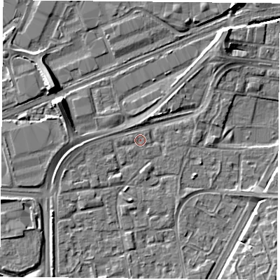 Shaded relief map of the ground around NG21QB, computed from Environment Agency LiDAR. The ground here sits at about 25 m above sea level and falls 10 m across the surrounding 800 m. The ground contributing surface water to this point lies to the west.