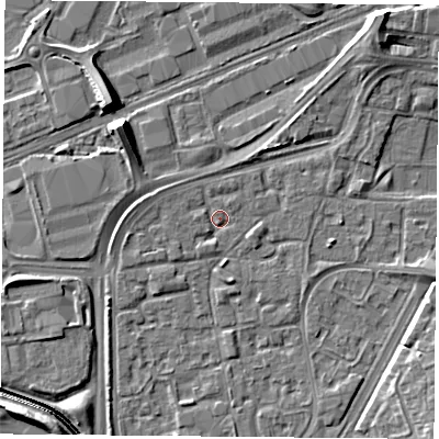 Shaded relief map of the ground around NG21QD, computed from Environment Agency LiDAR. The ground here sits at about 25 m above sea level and falls 10 m across the surrounding 800 m. Surface water reaching this point runs off ground lying to the south-west, 1.1 m higher.