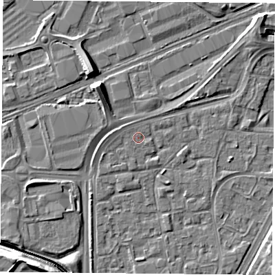 Shaded relief map of the ground around NG21QE, computed from Environment Agency LiDAR. The ground here sits at about 26 m above sea level and falls 11 m across the surrounding 800 m. Surface water reaching this point runs off ground lying to the east-south-east, 0.6 m higher.