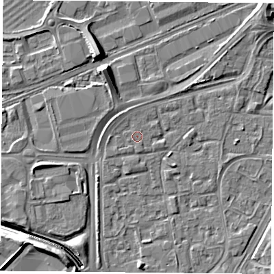 Shaded relief map of the ground around NG21QF, computed from Environment Agency LiDAR. The ground here sits at about 25 m above sea level and falls 11 m across the surrounding 800 m. Surface water reaching this point runs off ground lying to the north-west, 1.0 m higher.