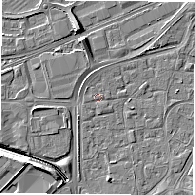 Shaded relief map of the ground around NG21QG, computed from Environment Agency LiDAR. The ground here sits at about 26 m above sea level and falls 11 m across the surrounding 800 m. Surface water reaching this point runs off ground lying to the north-north-west, 1.0 m higher.