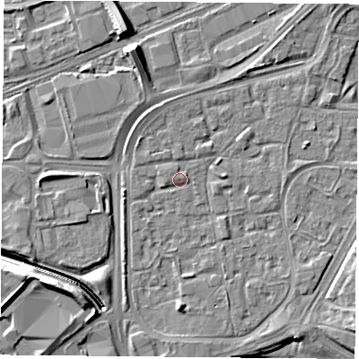 Shaded relief map of the ground around NG21QL, computed from Environment Agency LiDAR. The ground here sits at about 26 m above sea level and falls 11 m across the surrounding 800 m. Surface water reaching this point runs off ground lying to the west, 1.1 m higher.
