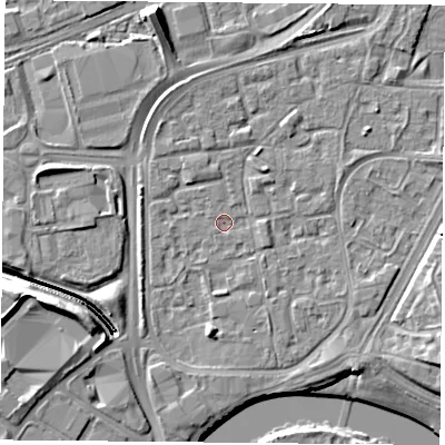 Shaded relief map of the ground around NG21QQ, computed from Environment Agency LiDAR. The ground here sits at about 25 m above sea level and falls 11 m across the surrounding 800 m. Surface water reaching this point runs off ground lying to the north-north-east, 2.6 m higher.