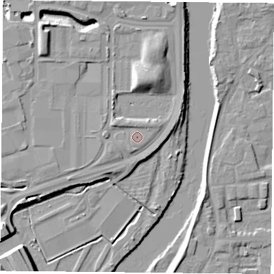 Shaded relief map of the ground around NG21RS, computed from Environment Agency LiDAR. The ground here sits at about 27 m above sea level and falls 12 m across the surrounding 800 m. Surface water reaching this point runs off ground lying to the north, 1.8 m higher.