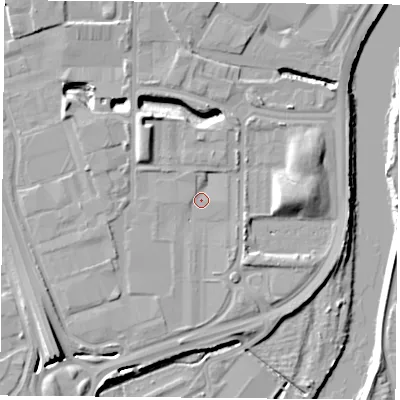 Shaded relief map of the ground around NG21RU, computed from Environment Agency LiDAR. The ground here sits at about 26 m above sea level and falls 11 m across the surrounding 800 m. Surface water reaching this point runs off ground lying to the east, 7.0 m higher.