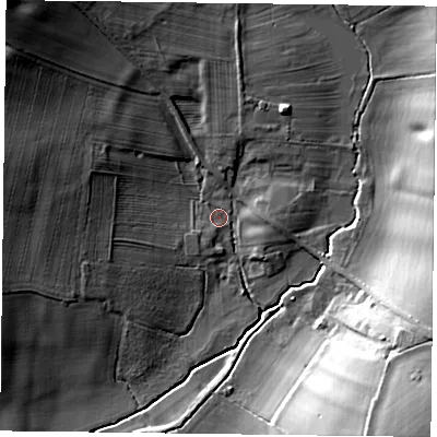 Shaded relief map of the ground around NG220AT, computed from Environment Agency LiDAR. The ground here sits at about 66 m above sea level and falls 26 m across the surrounding 800 m. Surface water reaching this point runs off ground lying to the south-west, 2.1 m higher.