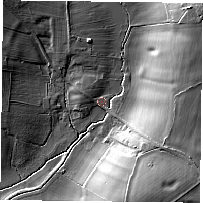 Shaded relief map of the ground around NG220AU, computed from Environment Agency LiDAR. The ground here sits at about 67 m above sea level and falls 27 m across the surrounding 800 m. Surface water reaching this point runs off ground lying to the south-east, 18.1 m higher.