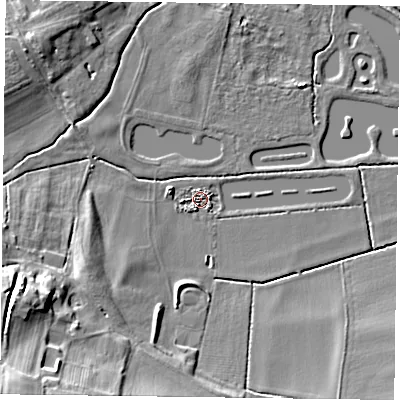 Shaded relief map of the ground around NG220BT, computed from Environment Agency LiDAR. The ground here sits at about 22 m above sea level and falls 20 m across the surrounding 800 m. Surface water reaching this point runs off ground lying to the south-south-west, 2.9 m higher.