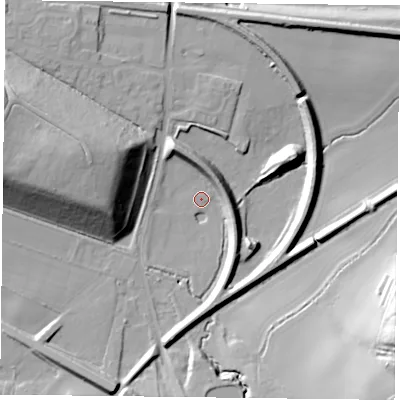 Shaded relief map of the ground around NG220DY, computed from Environment Agency LiDAR. The ground here sits at about 42 m above sea level and falls 35 m across the surrounding 800 m. Surface water reaching this point runs off ground lying to the south-south-west, 15.6 m higher.