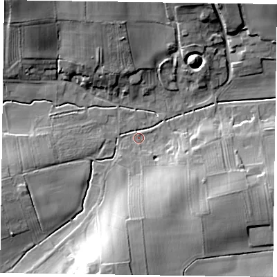 Shaded relief map of the ground around NG220ET, computed from Environment Agency LiDAR. The ground here sits at about 34 m above sea level and falls 23 m across the surrounding 800 m. Surface water reaching this point runs off ground lying to the south-south-west, 21.4 m higher.
