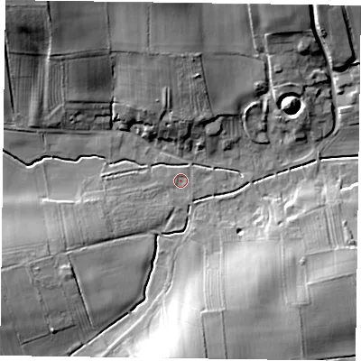 Shaded relief map of the ground around NG220FB, computed from Environment Agency LiDAR. The ground here sits at about 34 m above sea level and falls 27 m across the surrounding 800 m. Surface water reaching this point runs off ground lying to the west-south-west, 5.4 m higher.