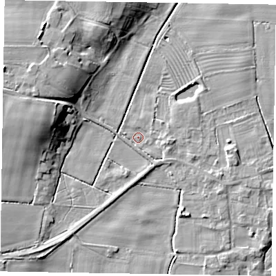 Shaded relief map of the ground around NG220FJ, computed from Environment Agency LiDAR. The ground here sits at about 5 m above sea level and falls 15 m across the surrounding 800 m. Surface water reaching this point runs off ground lying to the east-south-east, 2.8 m higher.