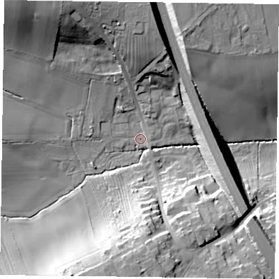 Shaded relief map of the ground around NG220FN, computed from Environment Agency LiDAR. The ground here sits at about 42 m above sea level and falls 27 m across the surrounding 800 m. Surface water reaching this point runs off ground lying to the south-south-west, 20.9 m higher.