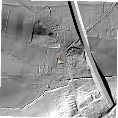 Shaded relief map of the ground around NG220FU, computed from Environment Agency LiDAR. The ground here sits at about 44 m above sea level and falls 31 m across the surrounding 800 m. Surface water reaching this point runs off ground lying to the north, 4.9 m higher.