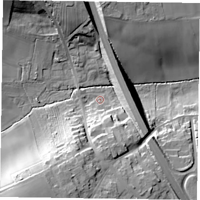 Shaded relief map of the ground around NG220GZ, computed from Environment Agency LiDAR. The ground here sits at about 42 m above sea level and falls 23 m across the surrounding 800 m. Surface water reaching this point runs off ground lying to the south-south-east, 17.3 m higher.