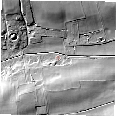 Shaded relief map of the ground around NG220HB, computed from Environment Agency LiDAR. The ground here sits at about 33 m above sea level and falls 20 m across the surrounding 800 m. Surface water reaching this point runs off ground lying to the south-south-west, 10.2 m higher.