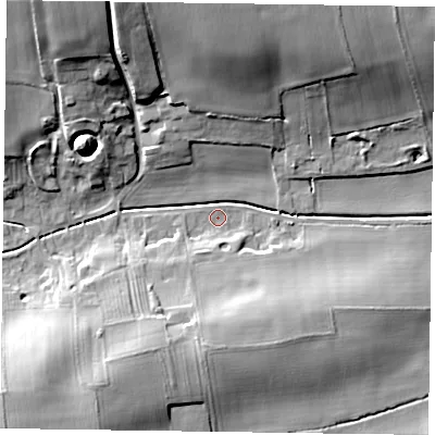 Shaded relief map of the ground around NG220HD, computed from Environment Agency LiDAR. The ground here sits at about 33 m above sea level and falls 21 m across the surrounding 800 m. Surface water reaching this point runs off ground lying to the south, 10.2 m higher.