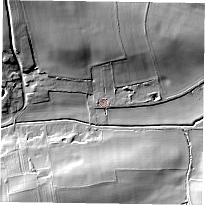 Shaded relief map of the ground around NG220HE, computed from Environment Agency LiDAR. The ground here sits at about 34 m above sea level and falls 24 m across the surrounding 800 m. Surface water reaching this point runs off ground lying to the north, 11.8 m higher.