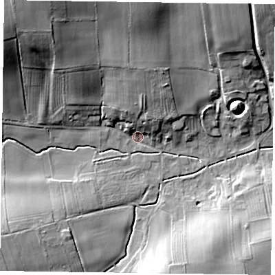 Shaded relief map of the ground around NG220HF, computed from Environment Agency LiDAR. The ground here sits at about 34 m above sea level and falls 30 m across the surrounding 800 m. Surface water reaching this point runs off ground lying to the north-west, 27.1 m higher.