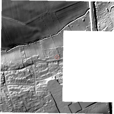 Shaded relief map of the ground around NG220JQ, computed from Environment Agency LiDAR. The ground here sits at about 40 m above sea level and falls 22 m across the surrounding 800 m. Surface water reaching this point runs off ground lying to the south, 12.3 m higher.
