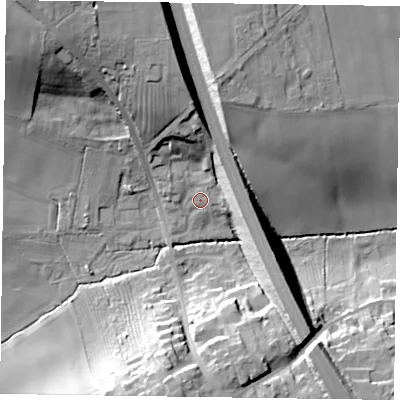 Shaded relief map of the ground around NG220LE, computed from Environment Agency LiDAR. The ground here sits at about 44 m above sea level and falls 28 m across the surrounding 800 m. Surface water reaching this point runs off ground lying to the north-east, 0.8 m higher.