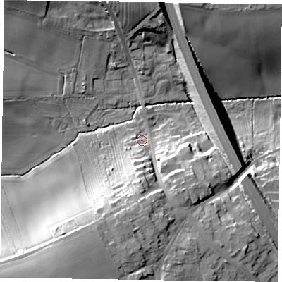 Shaded relief map of the ground around NG220LG, computed from Environment Agency LiDAR. The ground here sits at about 44 m above sea level and falls 24 m across the surrounding 800 m. Surface water reaching this point runs off ground lying to the south, 16.0 m higher.
