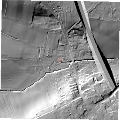 Shaded relief map of the ground around NG220LQ, computed from Environment Agency LiDAR. The ground here sits at about 42 m above sea level and falls 25 m across the surrounding 800 m. Surface water reaching this point runs off ground lying to the south-south-west, 21.4 m higher.