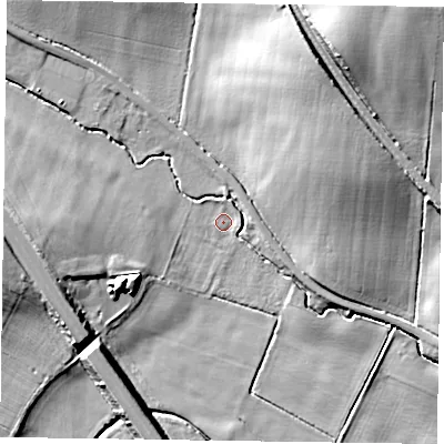 Shaded relief map of the ground around NG220NE, computed from Environment Agency LiDAR. The ground here sits at about 27 m above sea level and falls 22 m across the surrounding 800 m. Surface water reaching this point runs off ground lying to the north, 0.8 m higher.