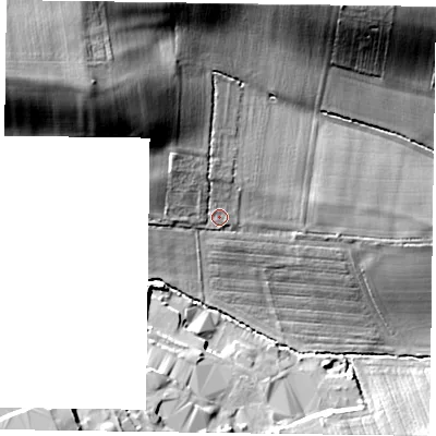 Shaded relief map of the ground around NG220NN, computed from Environment Agency LiDAR. The ground here sits at about 54 m above sea level and falls 35 m across the surrounding 800 m. Surface water reaching this point runs off ground lying to the north-north-west, 5.6 m higher.