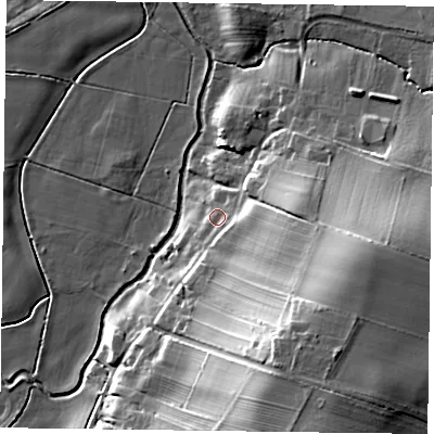 Shaded relief map of the ground around NG220PP, computed from Environment Agency LiDAR. The ground here sits at about 24 m above sea level and falls 27 m across the surrounding 800 m. Surface water reaching this point runs off ground lying to the east-south-east, 18.0 m higher.