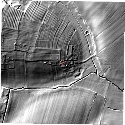 Shaded relief map of the ground around NG220RN, computed from Environment Agency LiDAR. The ground here sits at about 35 m above sea level and falls 23 m across the surrounding 800 m. Surface water reaching this point runs off ground lying to the west-north-west, 7.7 m higher.