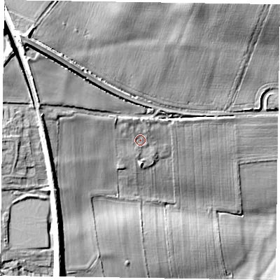 Shaded relief map of the ground around NG220SL, computed from Environment Agency LiDAR. The ground here sits at about 37 m above sea level and falls 25 m across the surrounding 800 m. Surface water reaching this point runs off ground lying to the north-west, 3.0 m higher.