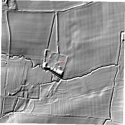Shaded relief map of the ground around NG220TN, computed from Environment Agency LiDAR. The ground here sits at about 13 m above sea level and falls 12 m across the surrounding 800 m. Surface water reaching this point runs off ground lying to the south-west, 4.9 m higher.