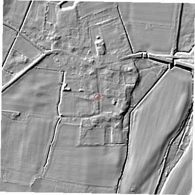 Shaded relief map of the ground around NG220TU, computed from Environment Agency LiDAR. The ground here sits at about 6 m above sea level and falls 6 m across the surrounding 800 m. Surface water reaching this point runs off ground lying to the south-south-west, 2.0 m higher.