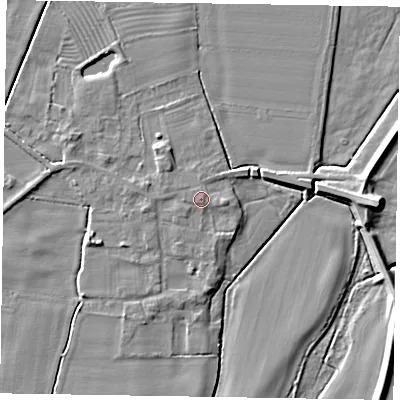Shaded relief map of the ground around NG220TX, computed from Environment Agency LiDAR. The ground here sits at about 7 m above sea level and falls 10 m across the surrounding 800 m. Surface water reaching this point runs off ground lying to the east, 1.0 m higher.