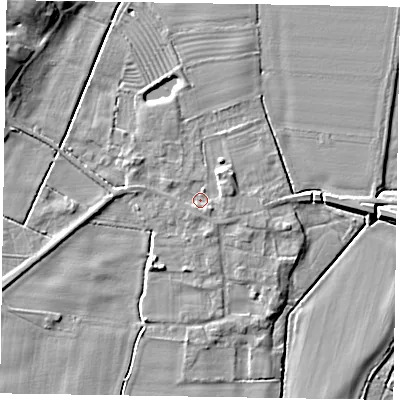 Shaded relief map of the ground around NG220TY, computed from Environment Agency LiDAR. The ground here sits at about 6 m above sea level and falls 10 m across the surrounding 800 m. Surface water reaching this point runs off ground lying to the south-east, 1.2 m higher.