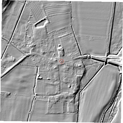 Shaded relief map of the ground around NG220TZ, computed from Environment Agency LiDAR. The ground here sits at about 7 m above sea level and falls 8 m across the surrounding 800 m. Surface water reaching this point runs off ground lying to the south-west, 2.0 m higher.