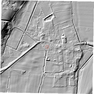Shaded relief map of the ground around NG220UA, computed from Environment Agency LiDAR. The ground here sits at about 6 m above sea level and falls 14 m across the surrounding 800 m. Surface water reaching this point runs off ground lying to the east, 0.7 m higher.