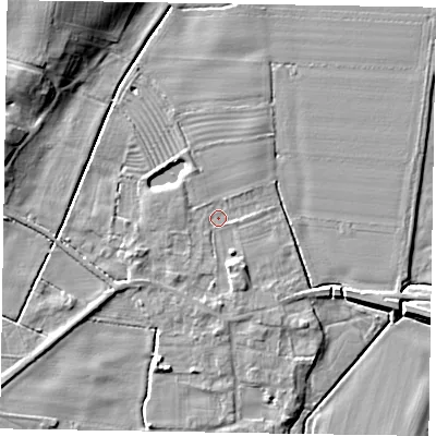 Shaded relief map of the ground around NG220UB, computed from Environment Agency LiDAR. The ground here sits at about 5 m above sea level and falls 12 m across the surrounding 800 m. Surface water reaching this point runs off ground lying to the south-south-east, 2.5 m higher.