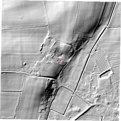 Shaded relief map of the ground around NG220UD, computed from Environment Agency LiDAR. The ground here sits at about 10 m above sea level and falls 16 m across the surrounding 800 m. Surface water reaching this point runs off ground lying to the west-south-west, 8.3 m higher.
