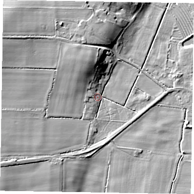 Shaded relief map of the ground around NG220UF, computed from Environment Agency LiDAR. The ground here sits at about 7 m above sea level and falls 15 m across the surrounding 800 m. Surface water reaching this point runs off ground lying to the north-north-west, 14.2 m higher.
